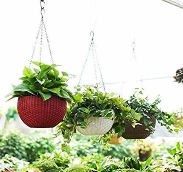  Multicolored  Rattan Woven  Plastic  Hanging Planters With Metal Hanging Chain (Flower Not included)Set of 4 - Free Size, Multicolor, Plastic, Pack of4